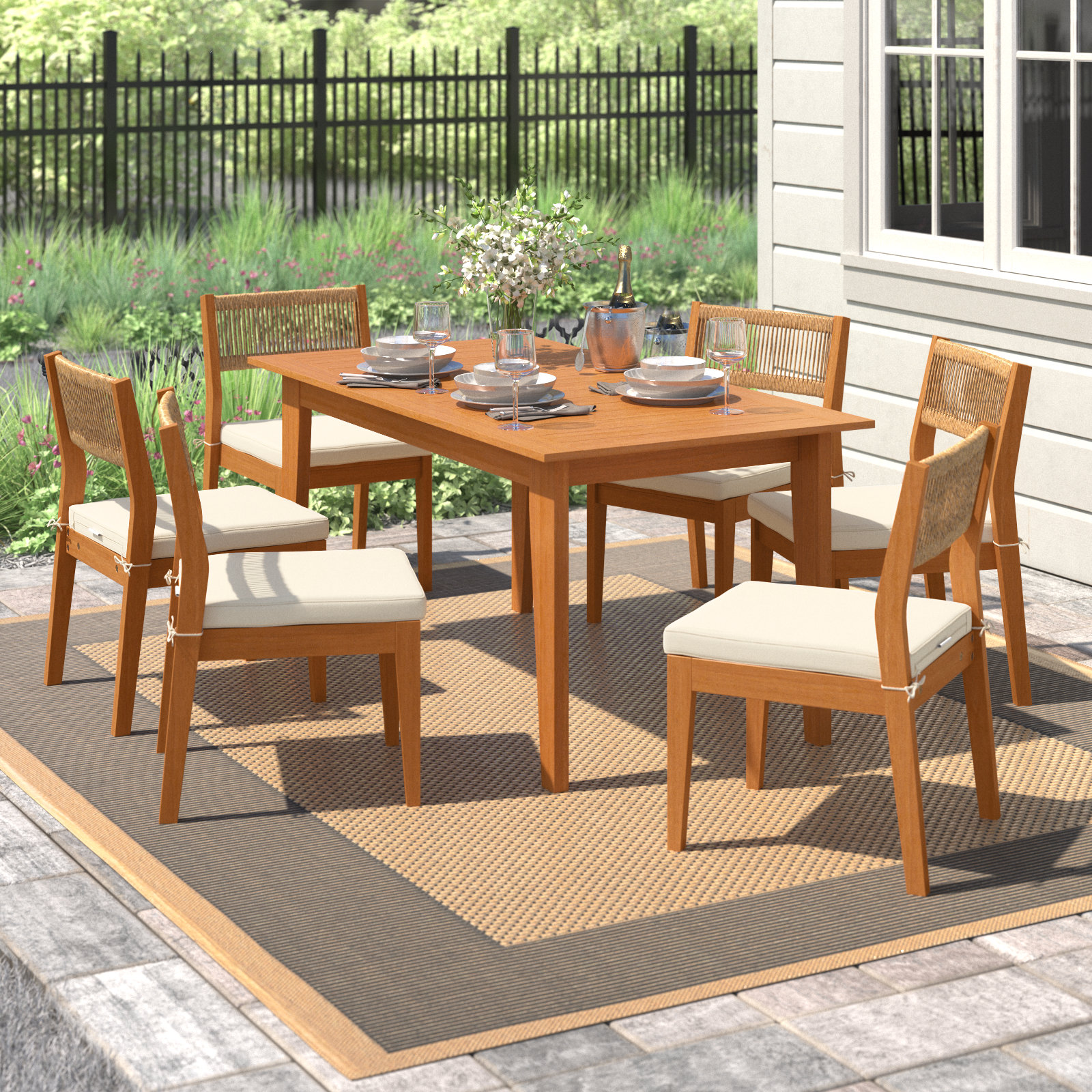 Lark Manor Amenah 7 Pc Patio Dining Set Wood One 63" Outdoor Dining ...
